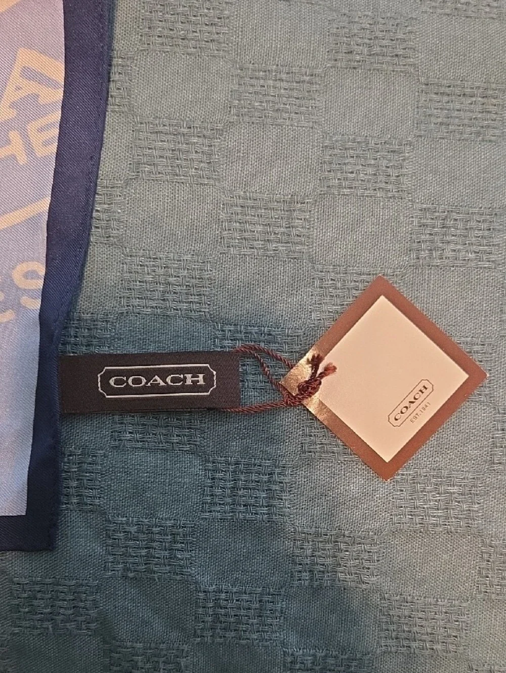 COACH Light Blue and Navy Logo Carriage Silk Scarf NWT